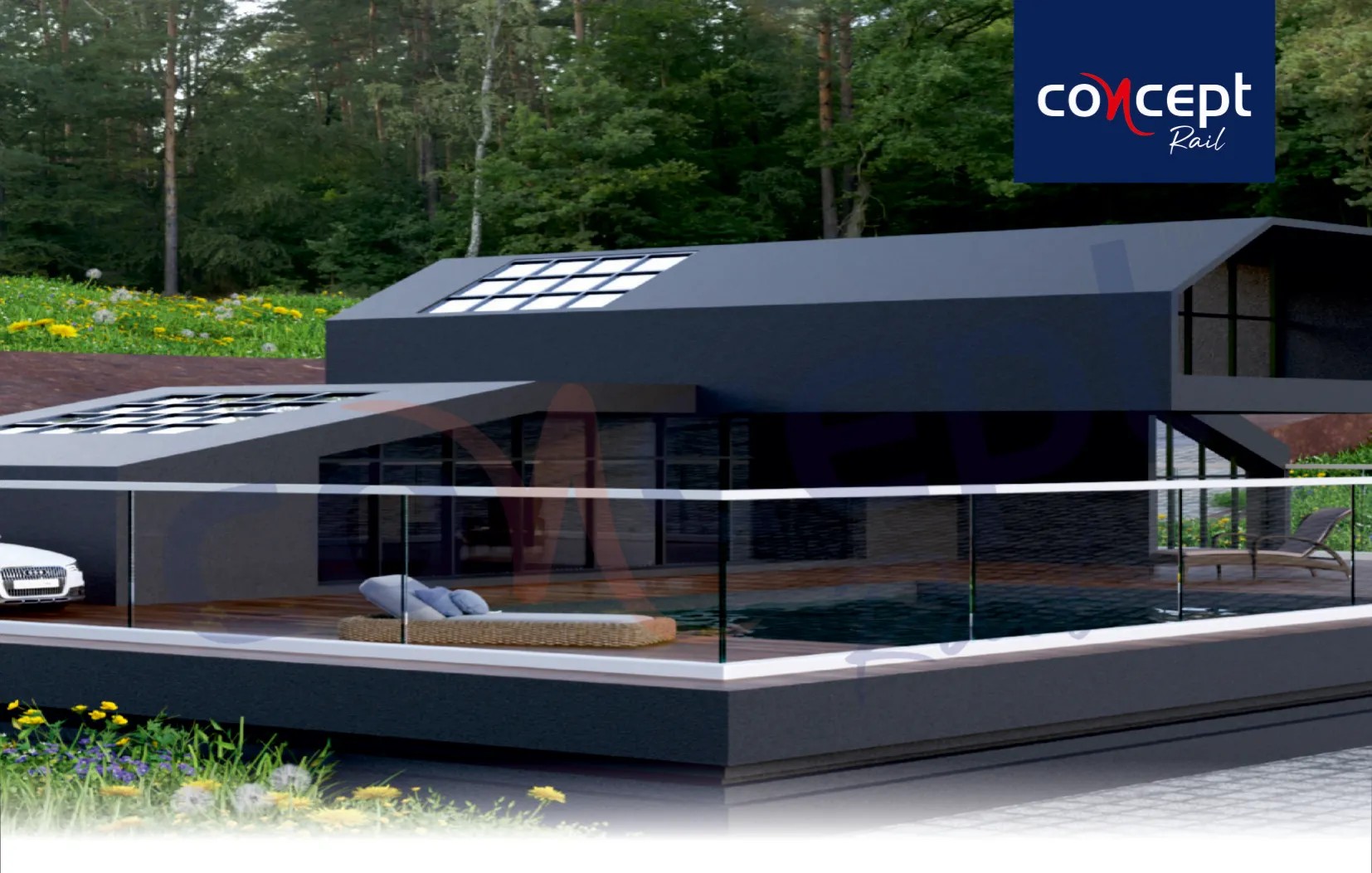 Modern house with glass railing